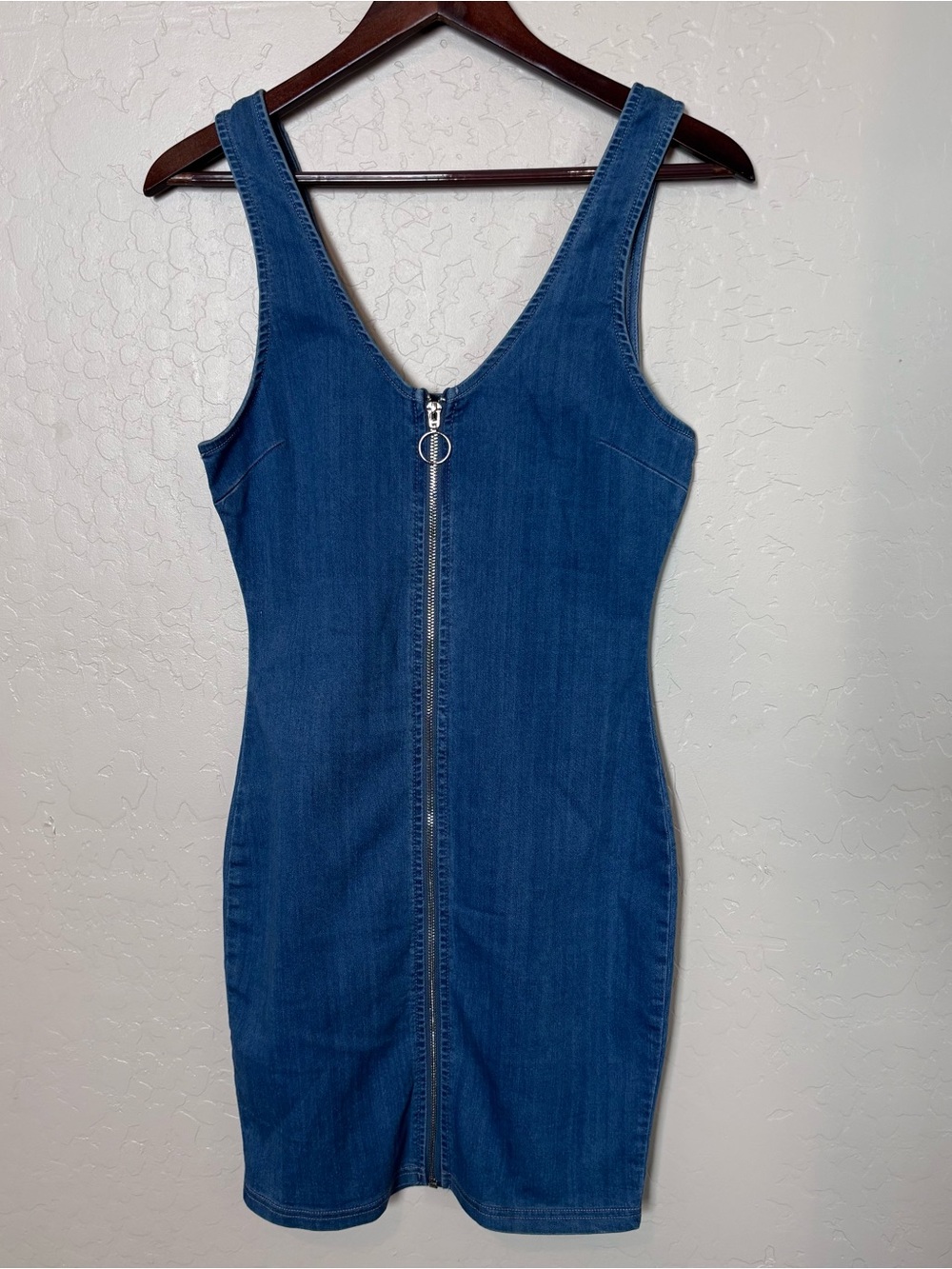 IRIS Denim Zip Front Bodycon Mini Dress Blue Women's Small